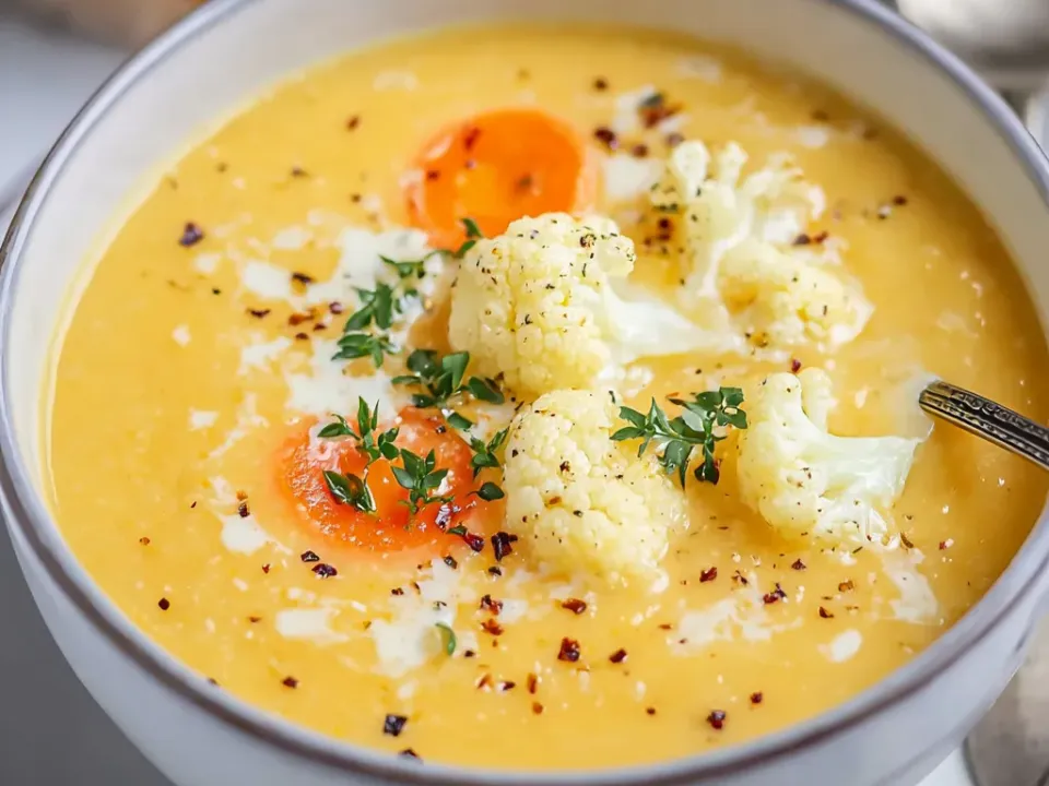 Bowl of creamy cauliflower carrot soup topped with chopped parsley