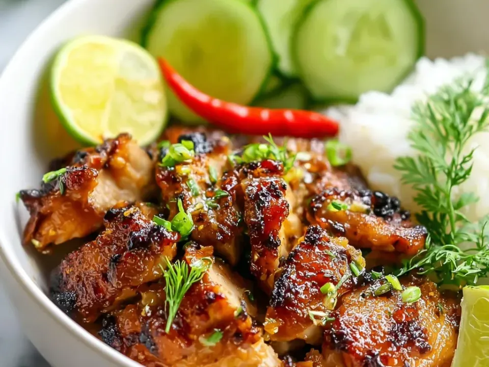 A white bowl of charred glazed grilled chicken thigh pieces with green onion and dill, beside white rice, sliced cucumber, a fresh red chilli and lime wedges