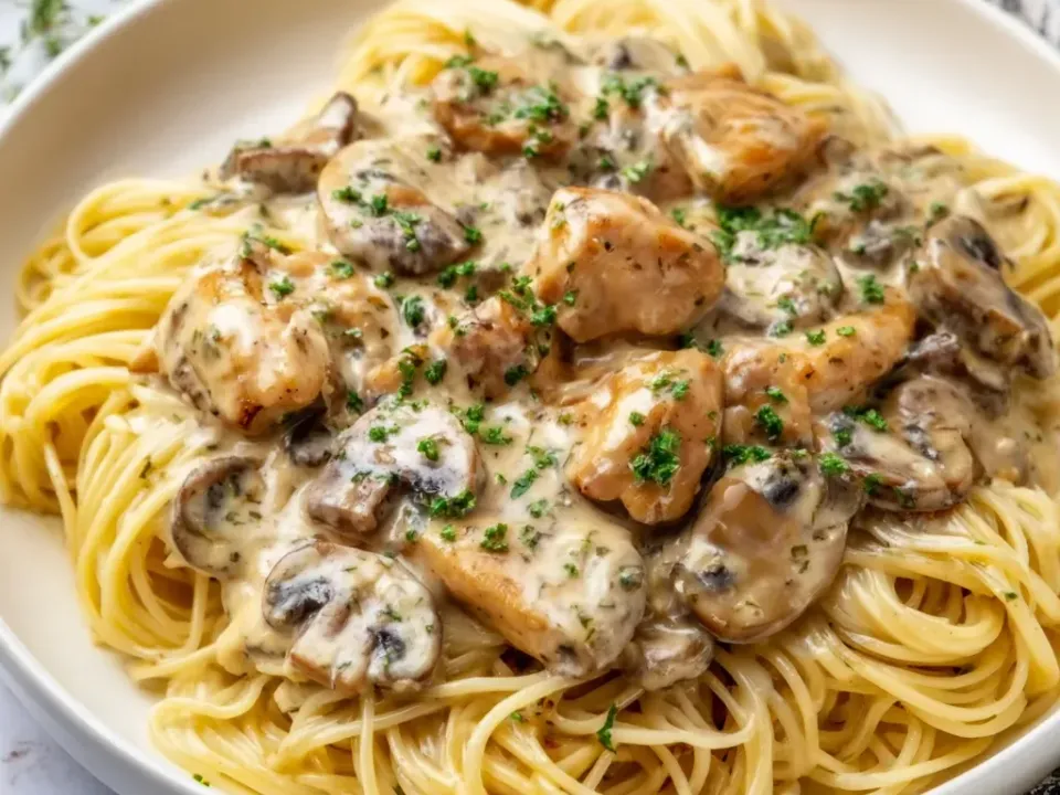 A nest of thin spaghetti with chicken pieces and sliced mushrooms in a white cream sauce, finished with parsley