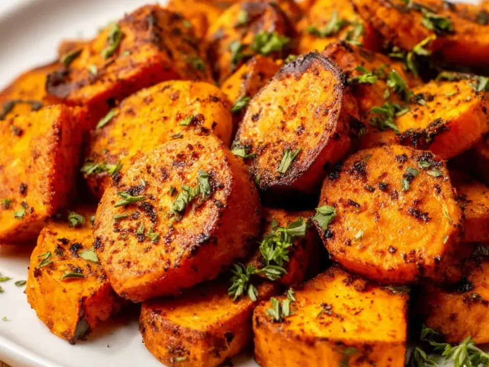 Thick skin-on sweet potato rounds and wedges on a white plate under a dark red-brown spice crust with charred blackened edges, scattered with parsley and thyme