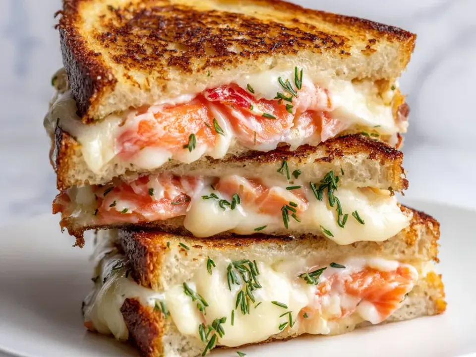 Stacked griddled sourdough sandwich halves filled with pale-pink smoked salmon and melted white cheese, scattered with chopped dill, on a white plate