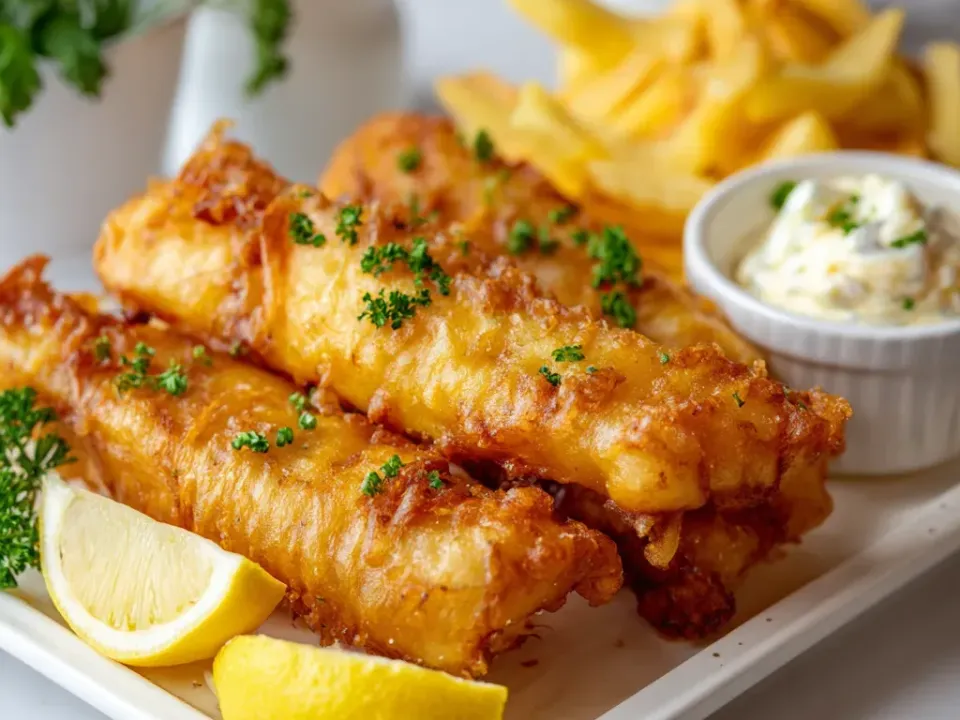 Two thick craggy beer-battered fish fillets on a white plate with a pile of thick-cut golden chips, a ramekin of tartar sauce and two lemon wedges, scattered with parsley