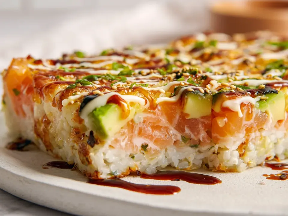 A cut square of sushi bake on a plate: seasoned rice, a thick layer of pink salmon pieces with avocado, a golden baked mayo top, dark sweet soy drizzle, sesame seeds, green onion and nori flakes