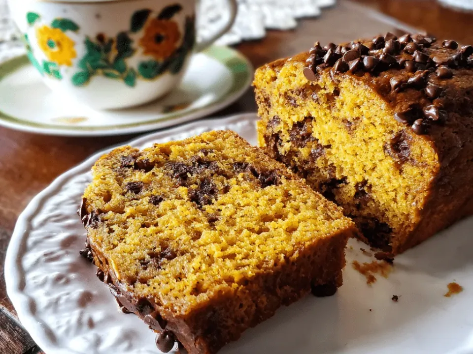 A sliced pumpkin chocolate chip loaf on a plate, chips studded through the crumb and scattered on top