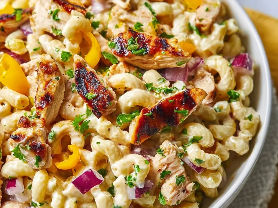 Cavatappi in a creamy dressing with charred grilled chicken, sliced red onion, diced yellow pepper and parsley in a white bowl