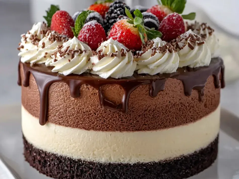 A round layered mousse cake with a dark chocolate base, a white mousse layer and a milk chocolate mousse layer under a dark ganache drip, topped with cream rosettes, chocolate shavings and fresh berries
