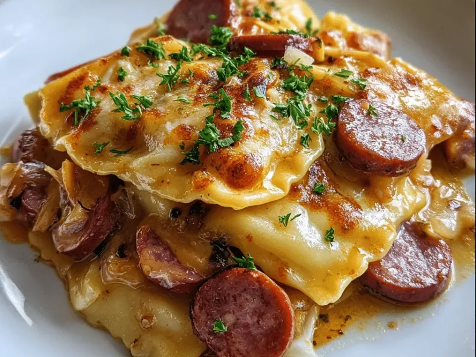 Pierogi with browned kielbasa rounds and softened onion in a creamy sauce on a white plate, scattered with parsley