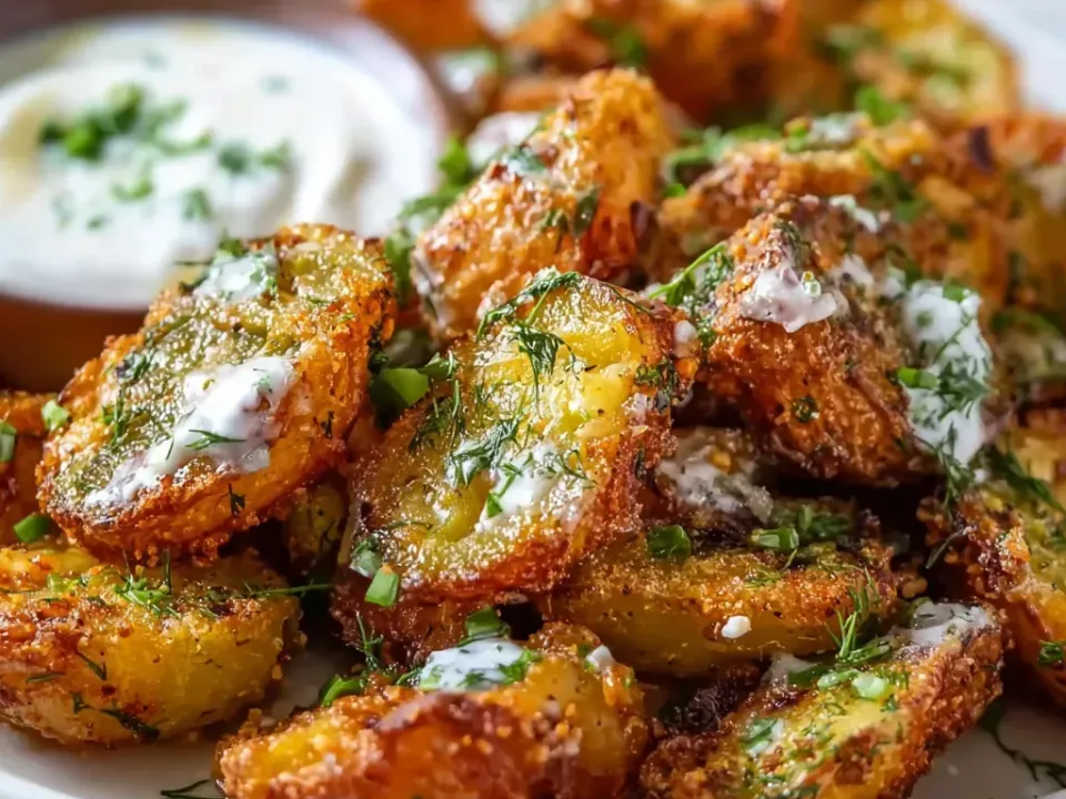 Smashed small potatoes roasted deep golden, scattered with dill and chives and drizzled with white yogurt sauce, with a bowl of herbed yogurt behind