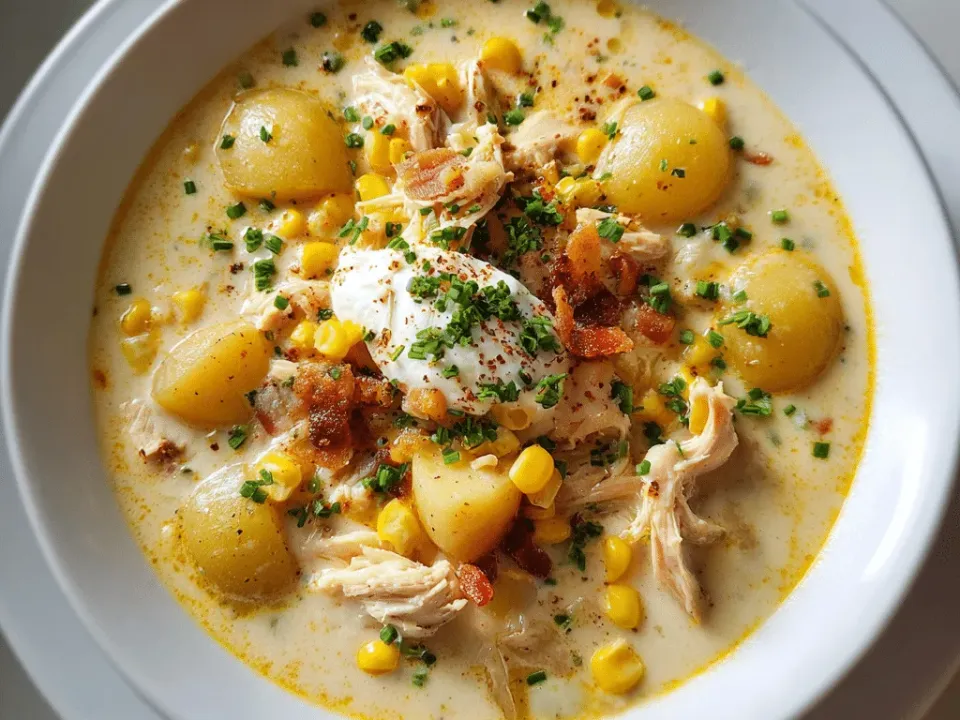 A white bowl of chicken corn chowder with shredded chicken, whole corn kernels, potato chunks and chopped chives
