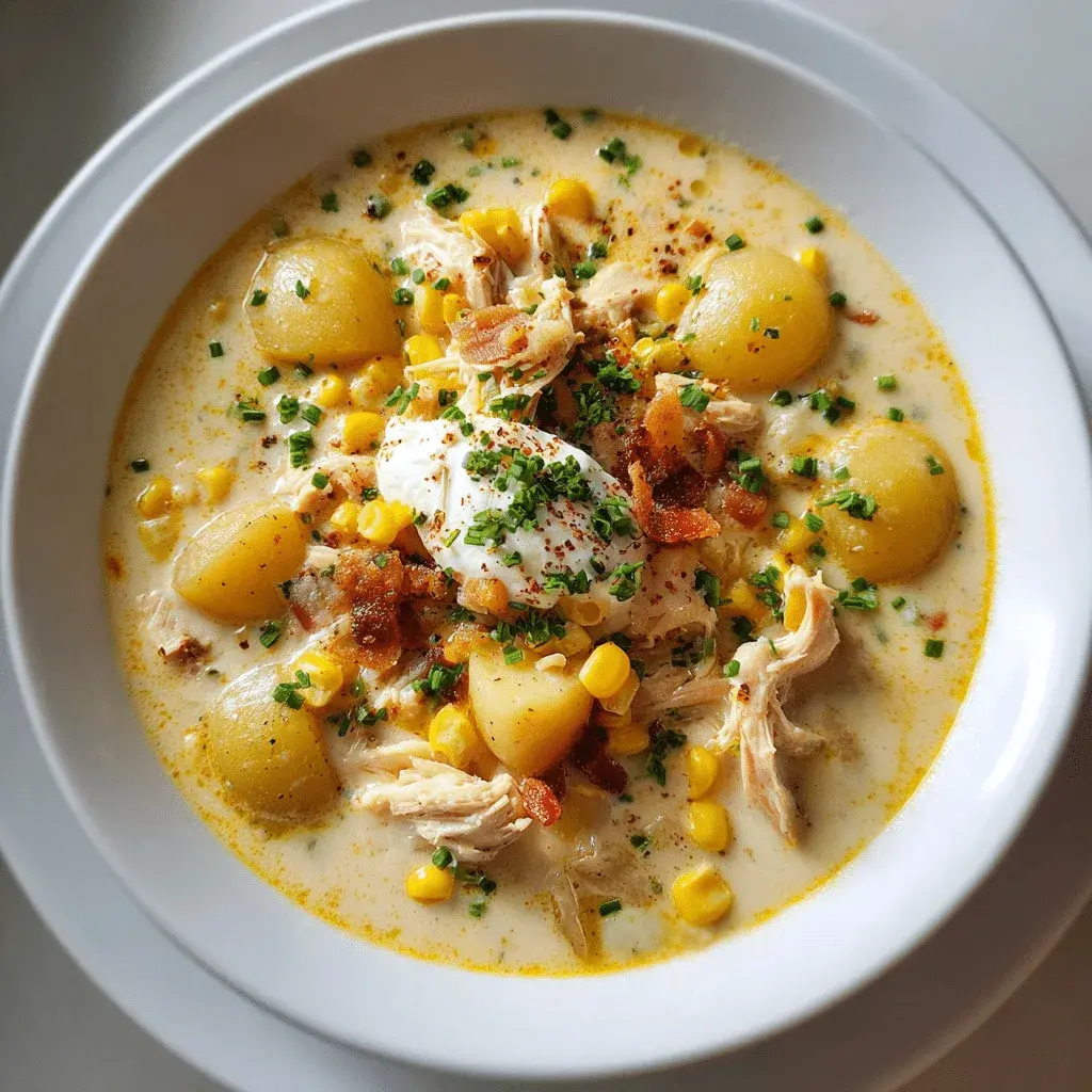 Crockpot chicken corn chowder served in a rustic bowl with herbs