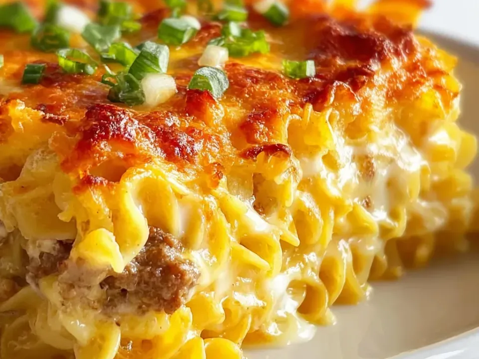 A plated serving of baked wide egg noodles with browned beef crumbles in a creamy white sauce under a deeply browned cheddar top, with green onion