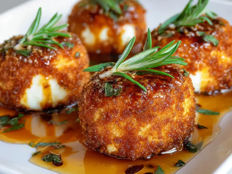 Round crumb-coated cheese balls deep-fried deep golden, one broken open showing a soft white centre, sitting in a pool of amber honey with dark flecks under fresh green herb sprigs