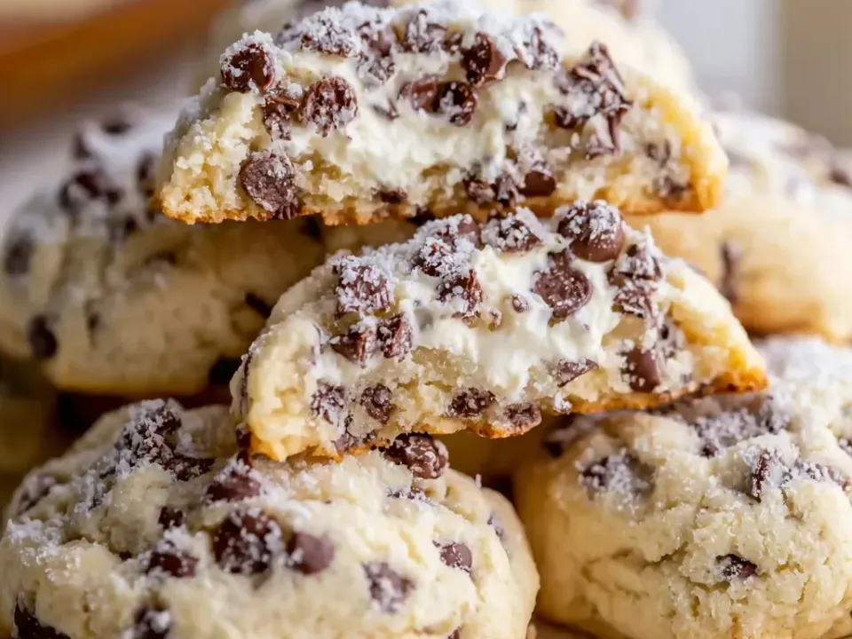 Thick pale soft-baked cookies studded with dark chocolate chips and dusted with powdered sugar, several split open showing a thick band of soft white cream-cheese filling