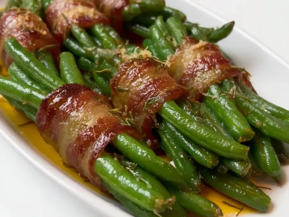 Bundles of green beans each wrapped in a band of browned bacon, glossy with a golden glaze that pools on the white oval platter, sprinkled with herbs