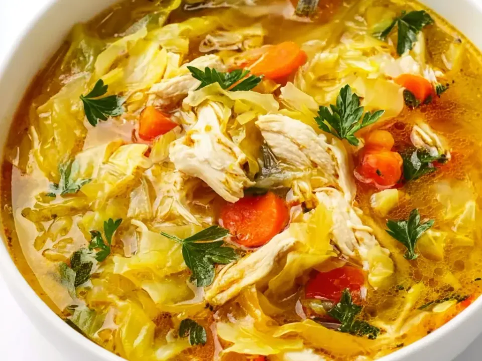 Bowl of cabbage chicken soup with carrots, tomato and parsley in a golden broth