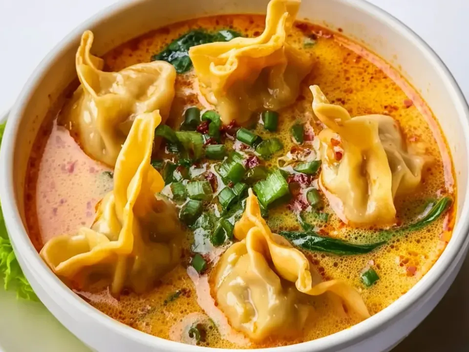 A white bowl of orange-red coconut curry broth with folded wontons, heavy sliced scallion, whole cilantro leaves and red chilli