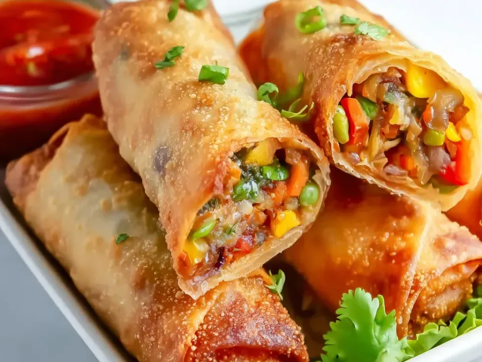 Deep-fried egg rolls, some cut to show a filling of corn, red pepper and green onion, on a platter with a bowl of red salsa and a bowl of white ranch-style dip