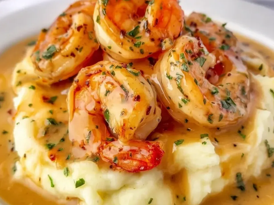 A white plate of creamy mashed potatoes topped with seared browned shrimp in a thin golden garlic cream sauce, with parsley and red pepper flakes