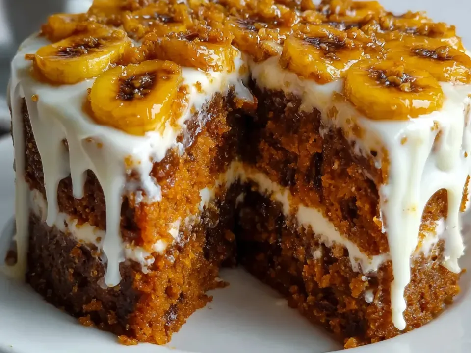 A two-layer carrot cake with cream cheese frosting dripping down the sides, topped with glossy caramelized banana slices, one slice cut away