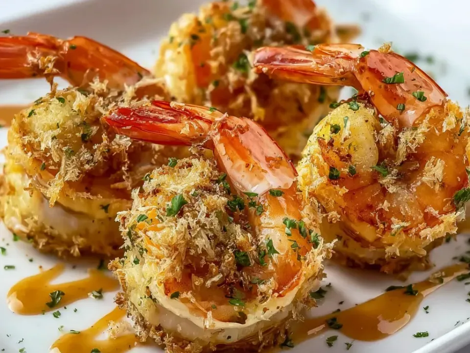 Large butterflied tail-on shrimp curled around mounds of crab stuffing with a golden panko top, with parsley and a drizzle of golden butter on a white plate