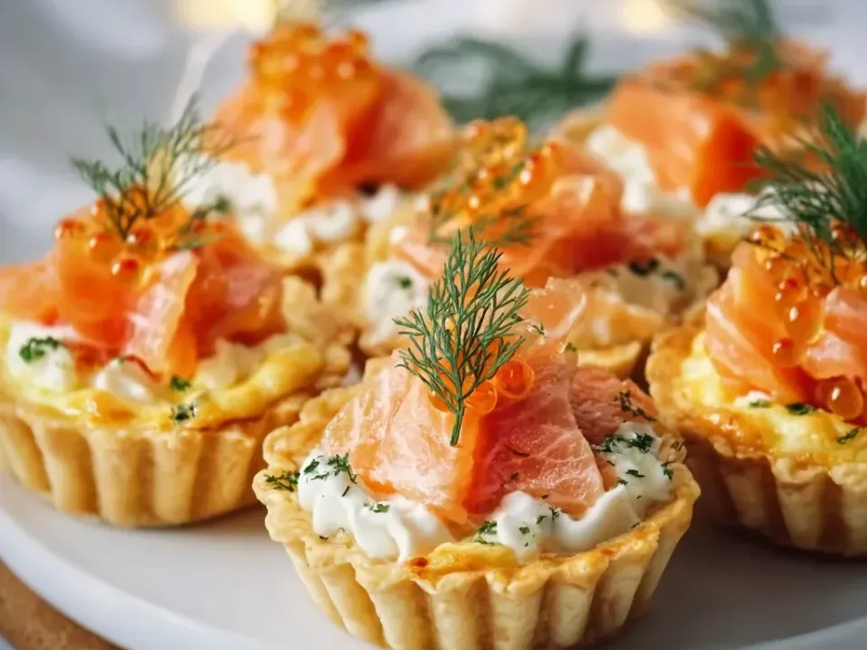 Small fluted pastry tartlet shells filled with a white cream cheese mixture, topped with folded ribbons of cold-smoked salmon, dill fronds and orange fish roe