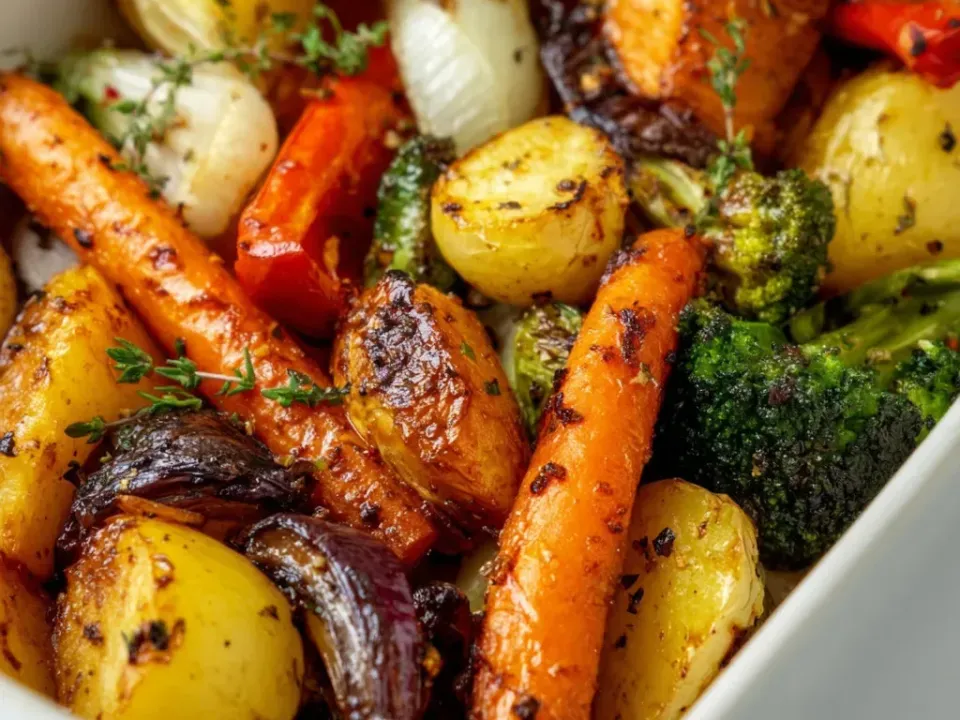 A white baking dish of roasted baby carrots, halved baby potatoes, red and orange pepper strips, broccoli, red onion wedges and sweet potato, browned at the edges with thyme