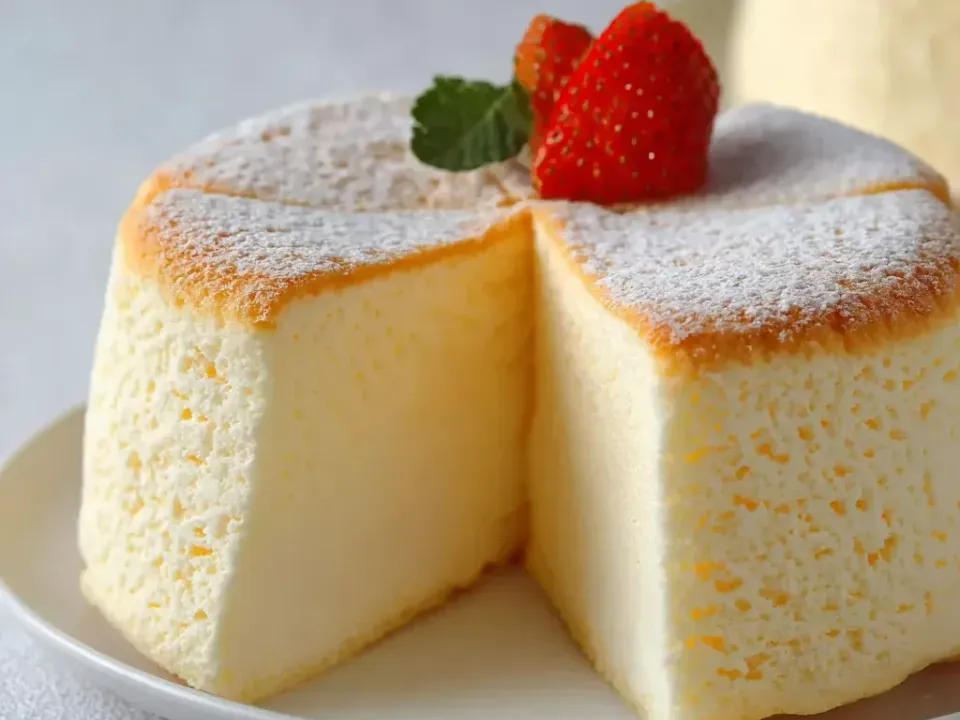 A tall pale round cheesecake with a very fine open sponge-like crumb and a lightly browned domed top, dusted with powdered sugar and topped with a strawberry and mint