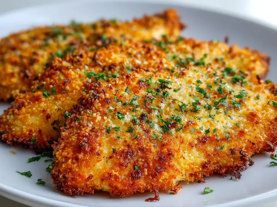 Thin white fish fillets fully coated in a deep golden panko and Parmesan crust, crisp at the edges, scattered with chopped parsley on a white plate