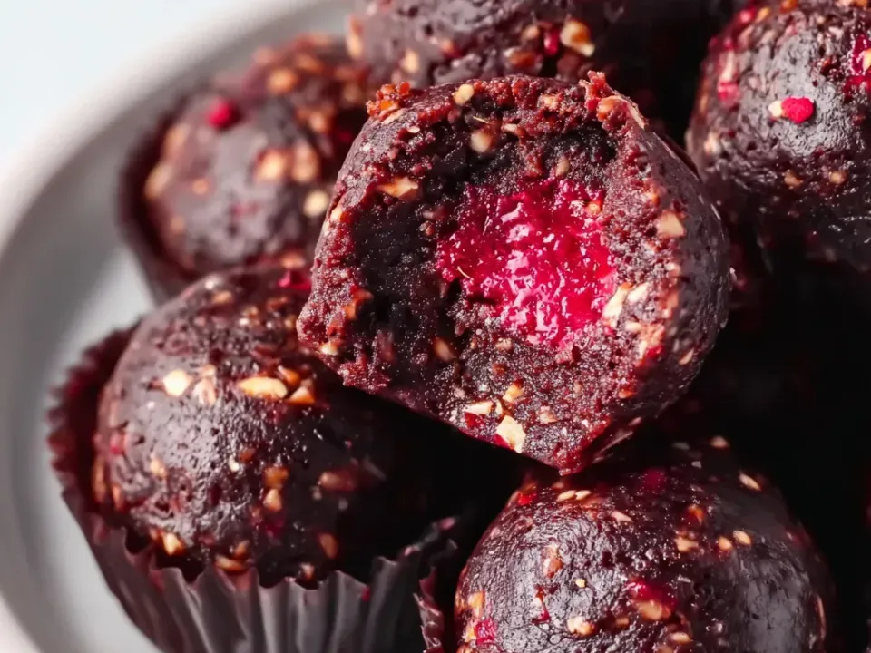 Dark chocolate-brown bites in paper cups speckled with raspberry and nut pieces, one cut open to show a bright red raspberry centre