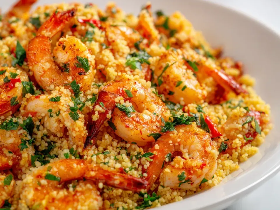Fine golden couscous with whole browned shrimp through it, scattered with chopped parsley and red chilli pieces in a white bowl