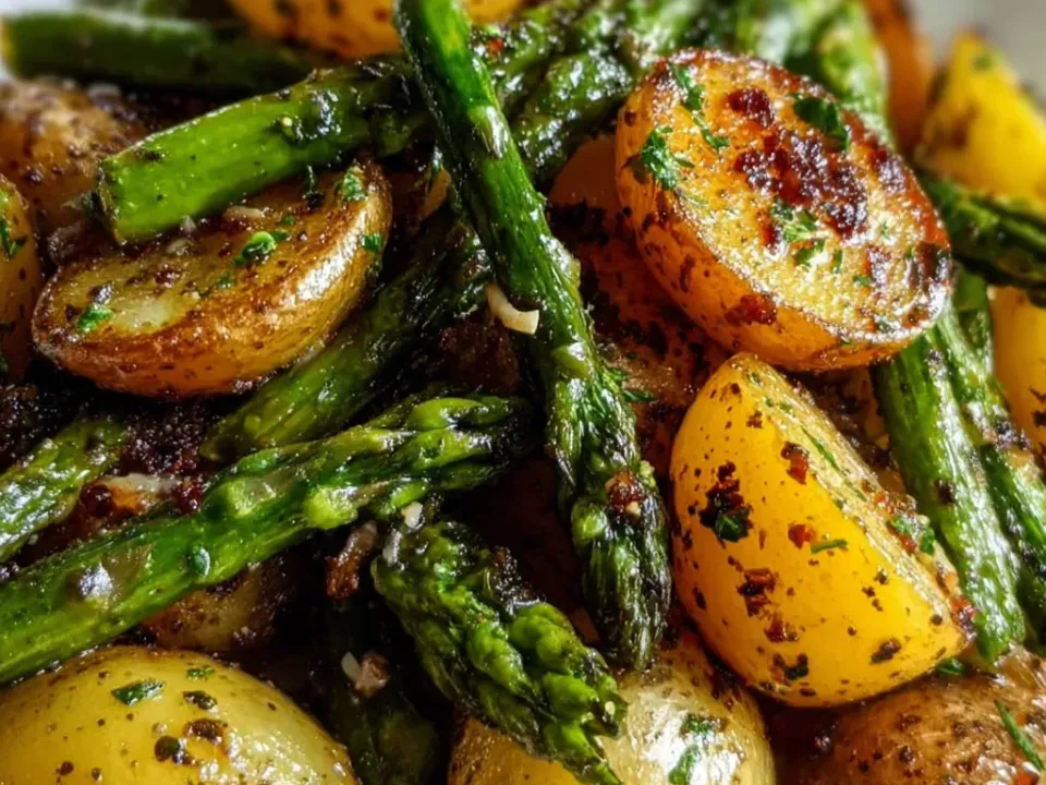 Halved baby potatoes with deeply browned caramelised cut faces among bright green asparagus spears charred in places, with minced garlic, parsley and red pepper flakes