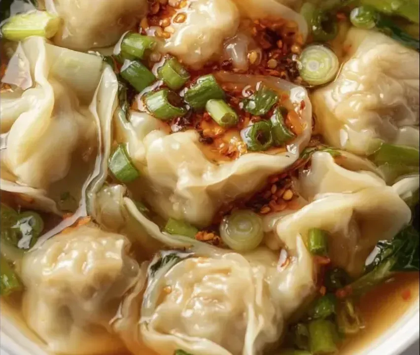 Thin loosely folded wontons with translucent wrappers in a clear golden broth with chopped bok choy, sliced green onion, red chilli oil flakes and sesame seeds