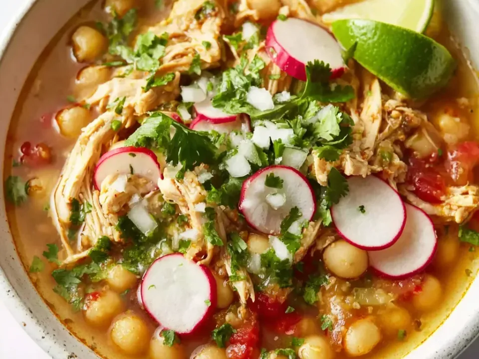 Shredded chicken and white hominy in a red-tinted broth, topped with radish slices, cilantro and chopped onion, with a lime wedge