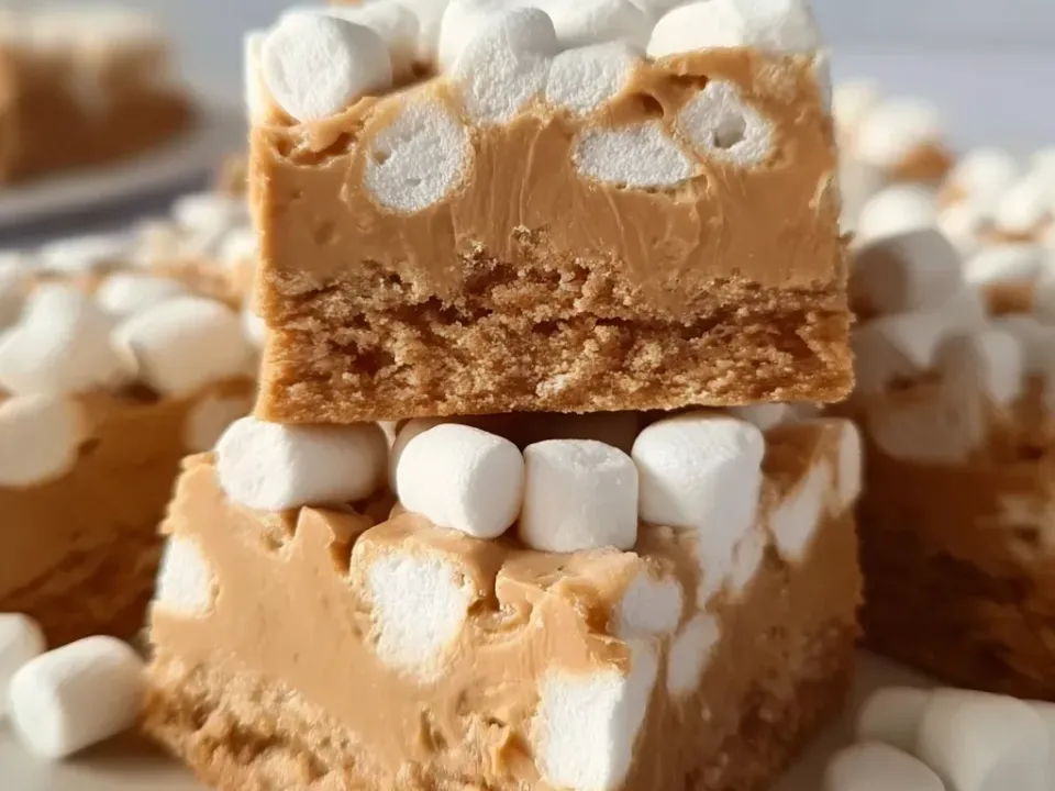 Cut squares in two layers, a pale golden pressed crumb base under a thick peanut-butter-coloured set layer studded with and topped by whole mini marshmallows