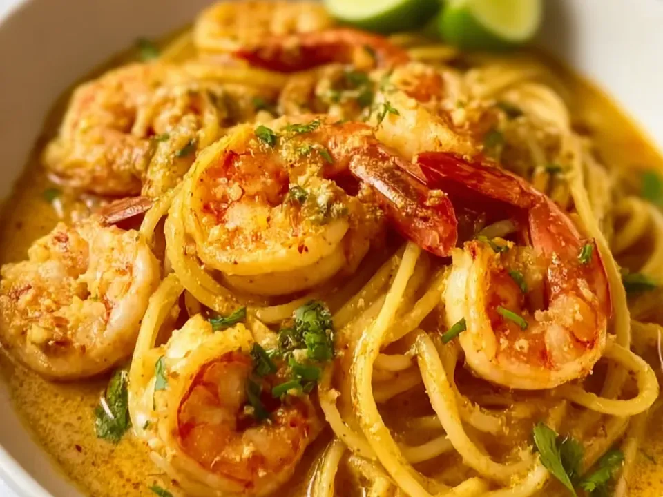 Spaghetti in an orange coconut curry sauce with whole prawns, cilantro leaves and lime wedges in a cream bowl