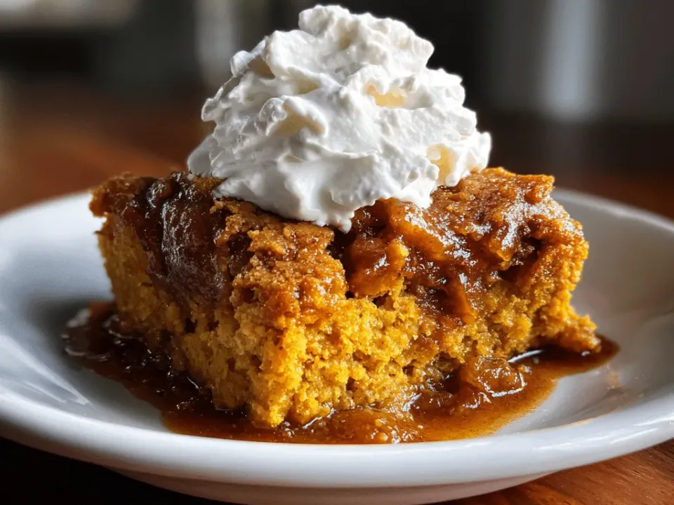 Serving of slow cooker pumpkin cobbler with a golden cake top over a set pumpkin layer