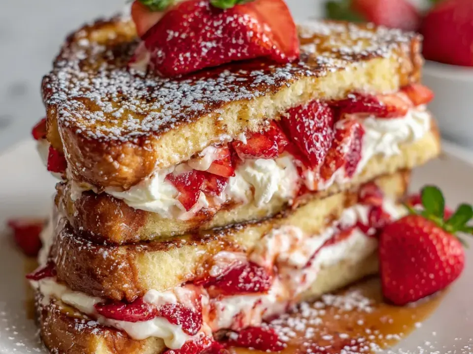 Two stacked thick griddled French toast sandwiches filled with white cream and chopped fresh strawberries, dusted with icing sugar with syrup pooling alongside