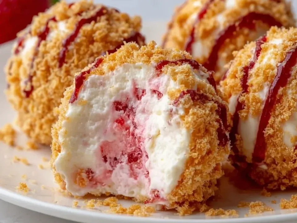 Round balls entirely coated in coarse golden crumb and drizzled with dark red strawberry sauce in stripes, one broken open showing a thick white cream interior marbled with strawberry