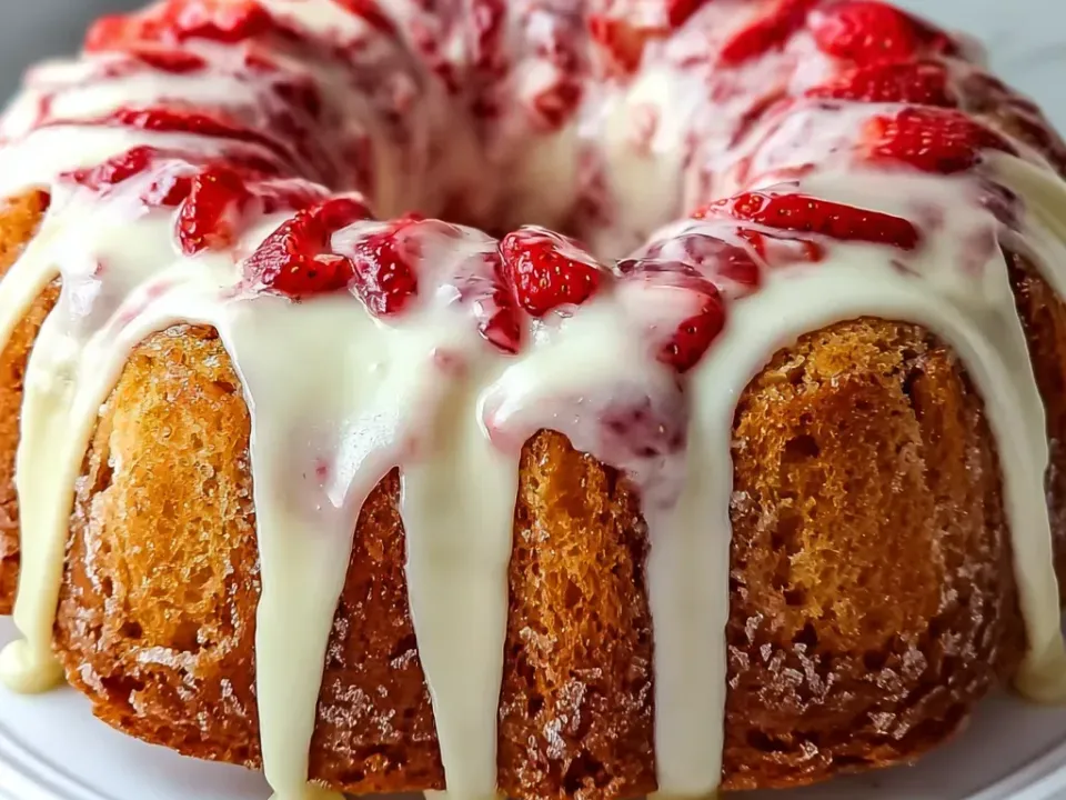 A ring-shaped Bundt cake with a deeply golden crust flooded with thick pale ivory glaze running down the sides, heaped along the top ridge with glossy red strawberries in syrup