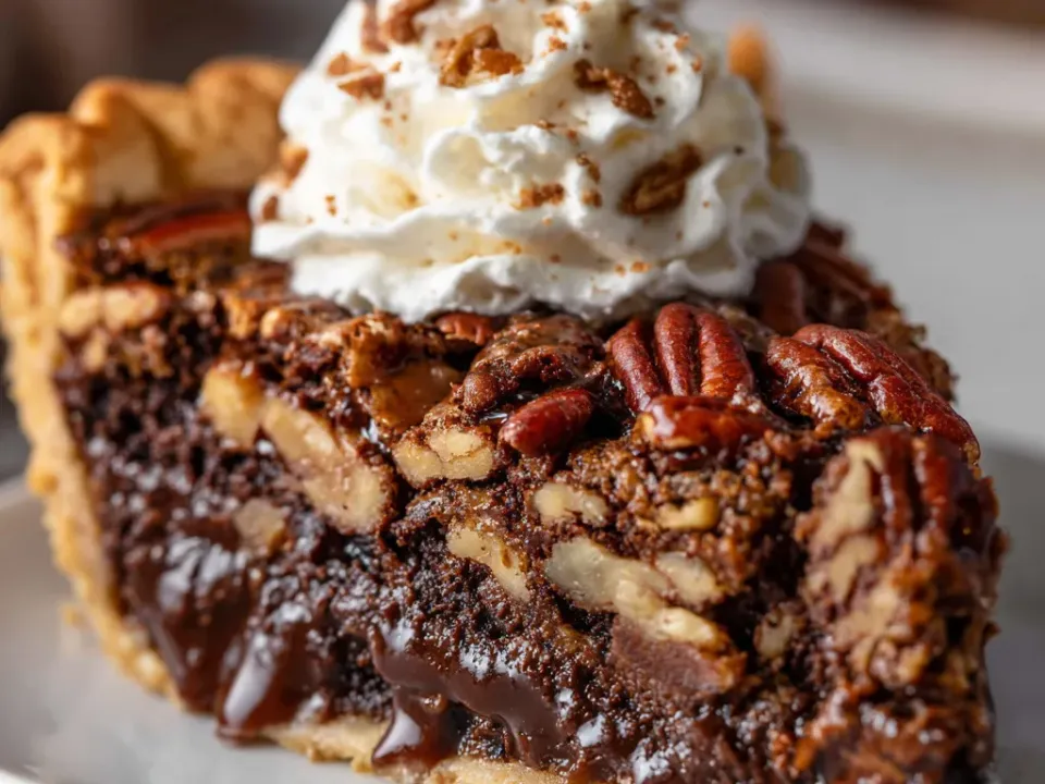 A slice of chocolate pecan pie with a dark chocolate layer under the pecan filling, whipped cream on top