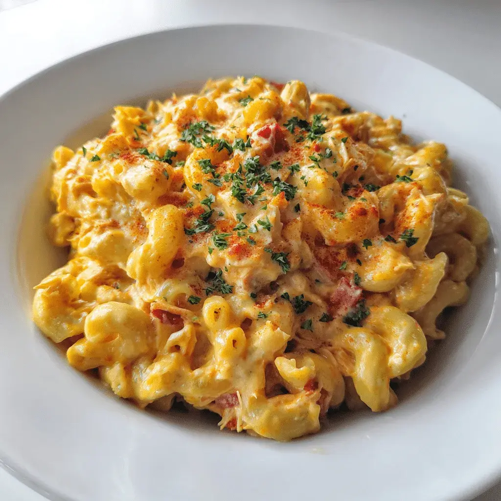 Elbow macaroni in a thick creamy orange-yellow cheese sauce with shredded chicken folded through, in a white bowl dusted with paprika and chopped parsley