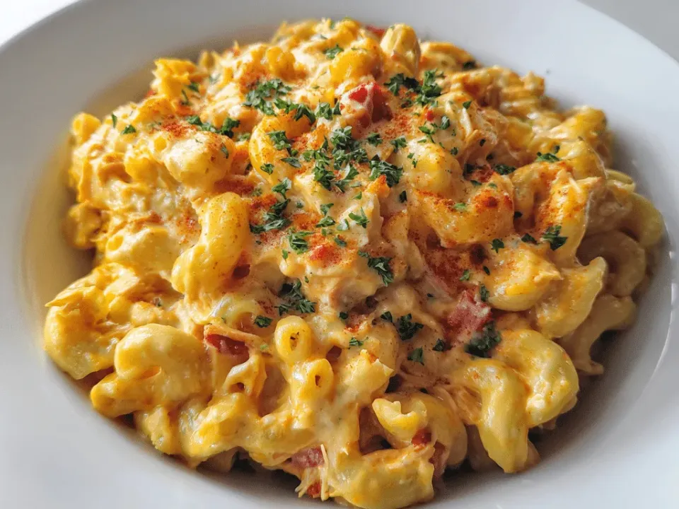 Elbow macaroni in a thick creamy orange-yellow cheese sauce with shredded chicken folded through, in a white bowl dusted with paprika and chopped parsley