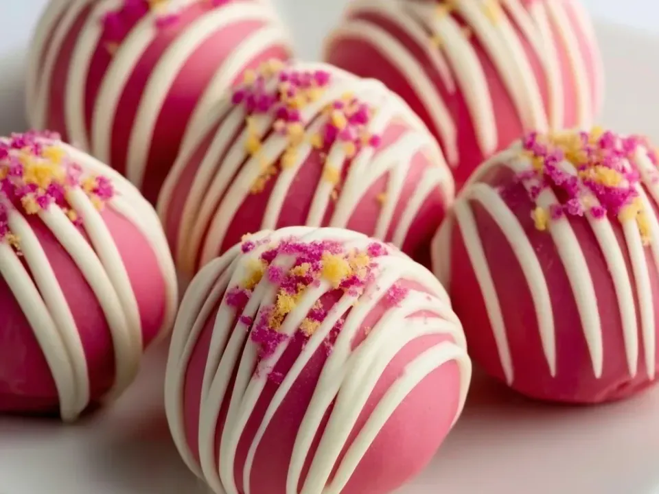 Round smooth truffle balls in a solid pink candy shell, each striped with fine lines of white chocolate and topped with coarse pink and yellow crumb sprinkles