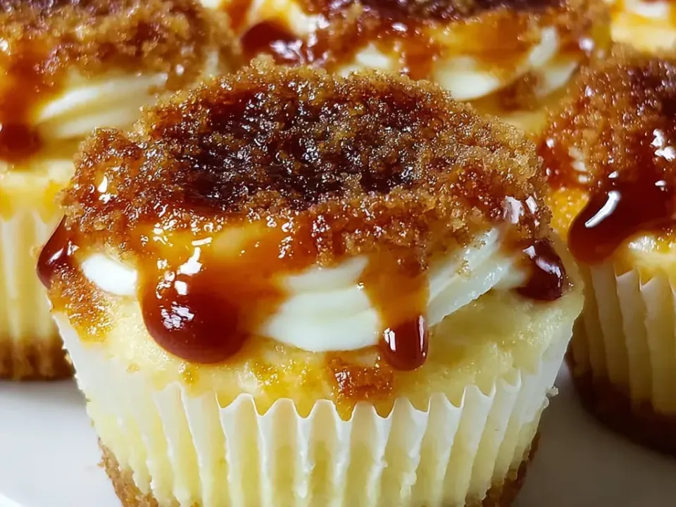 Individual cheesecake cupcakes in fluted paper cases with pale set bodies on golden crumb bases, each under a piped cream swirl and a thick amber brûléed sugar cap with caramel running down