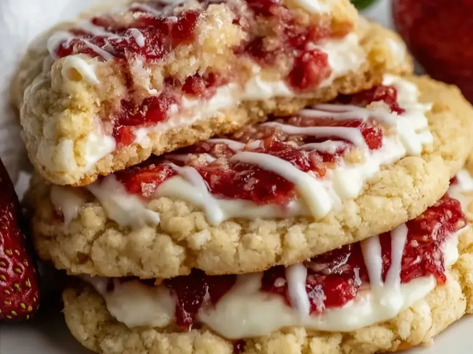 Thick pale soft craggy cookies split to show a white cream filling, topped with chunky bright red strawberry pieces in syrup and drizzled with thin white icing