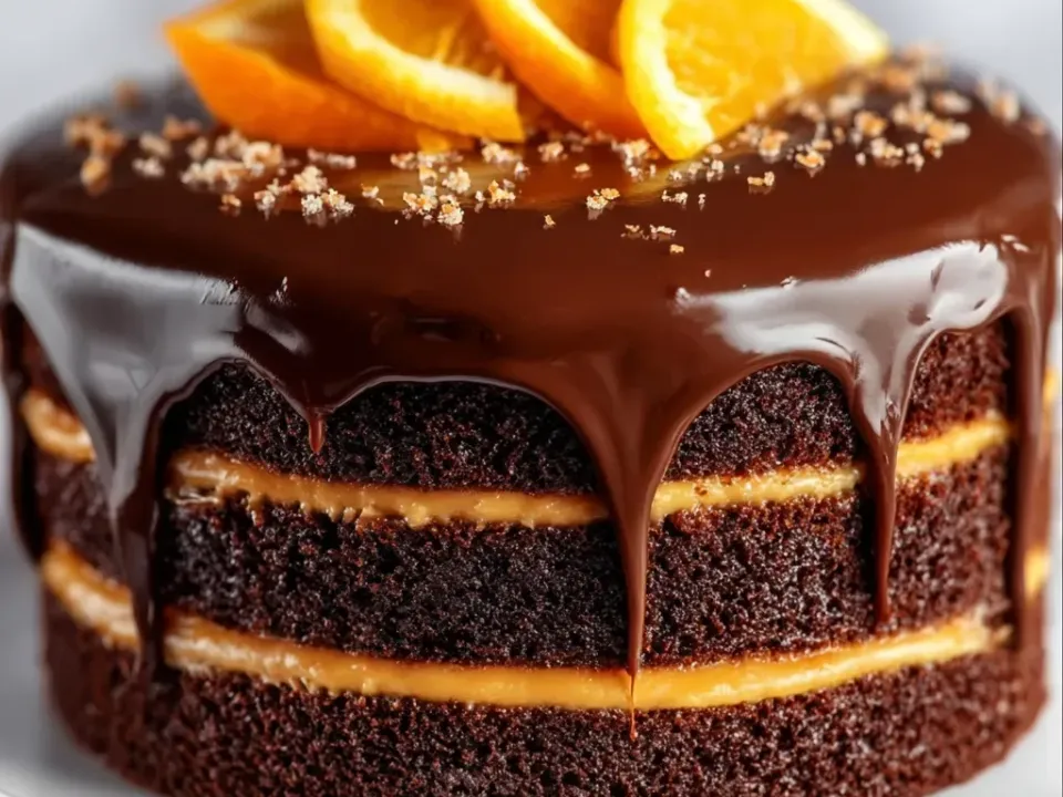 A small round two-tier dark chocolate cake with two pale orange cream filling layers and bare sides, topped with thick glossy ganache dripping down, cake crumbs and folded fresh orange slices