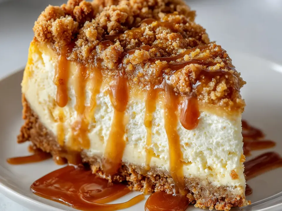 Slice of baked cheesecake with a graham crust, cinnamon apples and oat crumble on top, drizzled with caramel and flaky salt