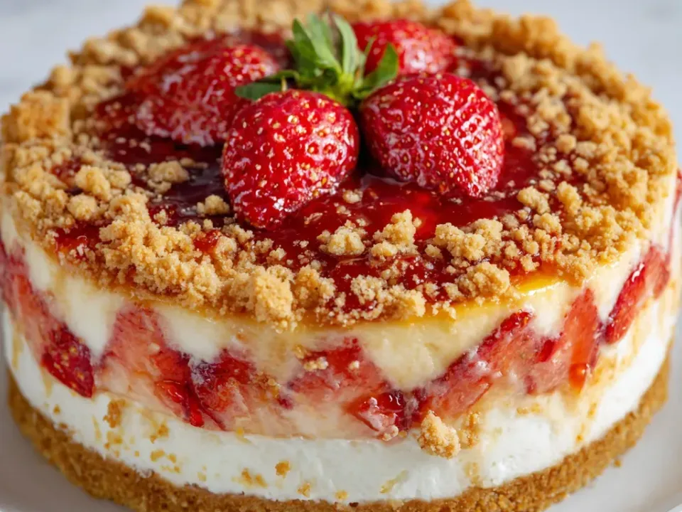 A whole round cheesecake on a thick golden crumb base, its sides showing a pale cream layer studded with strawberry, the top flooded with red glaze, ringed with coarse crumb and crowned with strawberries