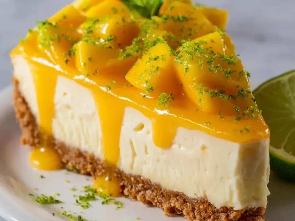 A wedge of cheesecake on a thick golden crumb base with a pale set filling, the top flooded with glossy orange-yellow mango glaze, heaped with fresh mango cubes and scattered with lime zest