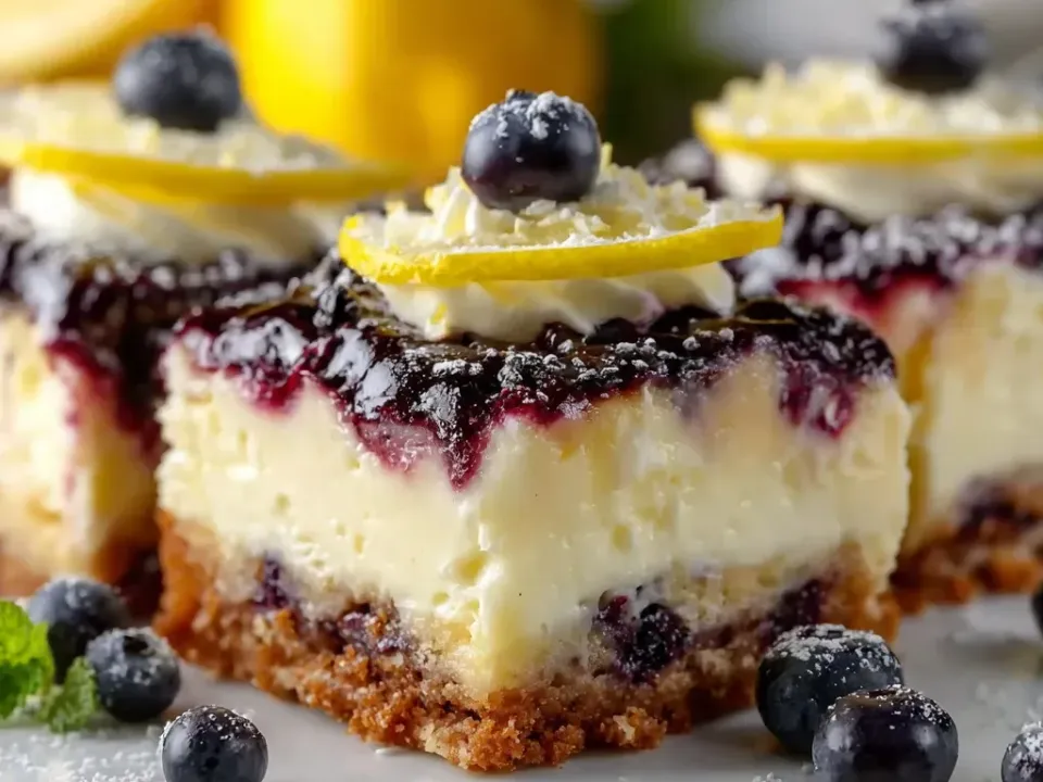 Square cheesecake bars on a golden graham crust with a pale lemon layer and a glossy dark blueberry top, garnished with whipped cream, a lemon slice and whole blueberries